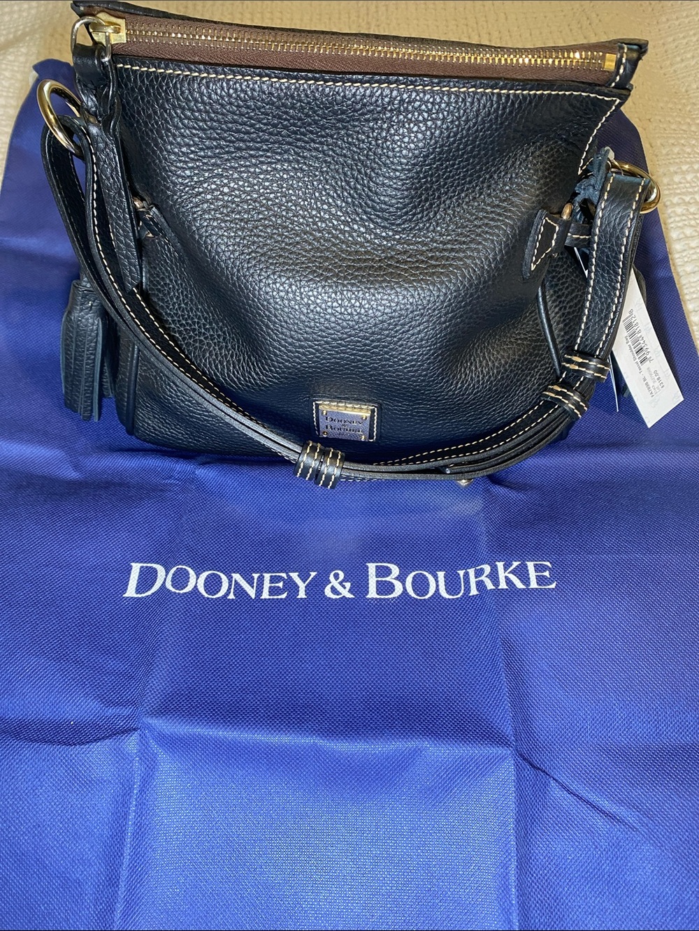 NWT Dooney & Bourke Black Pebbled Leather Tassel Shoulder Bag with Gold Hardware